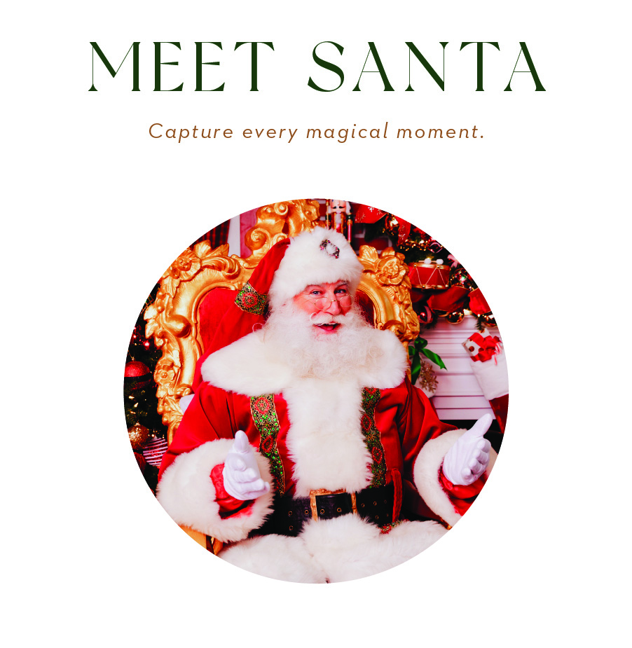 Text: Meet Santa. Capture every magical moment. Image: Santa smiling on his chair.