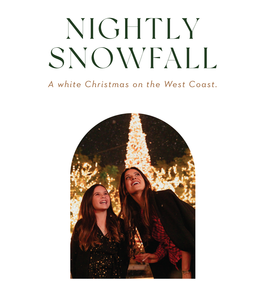 Text: Nightly Snowfall. A white Christmas on the West Coast. Image: Mother and daughter in front of Christmas tree.